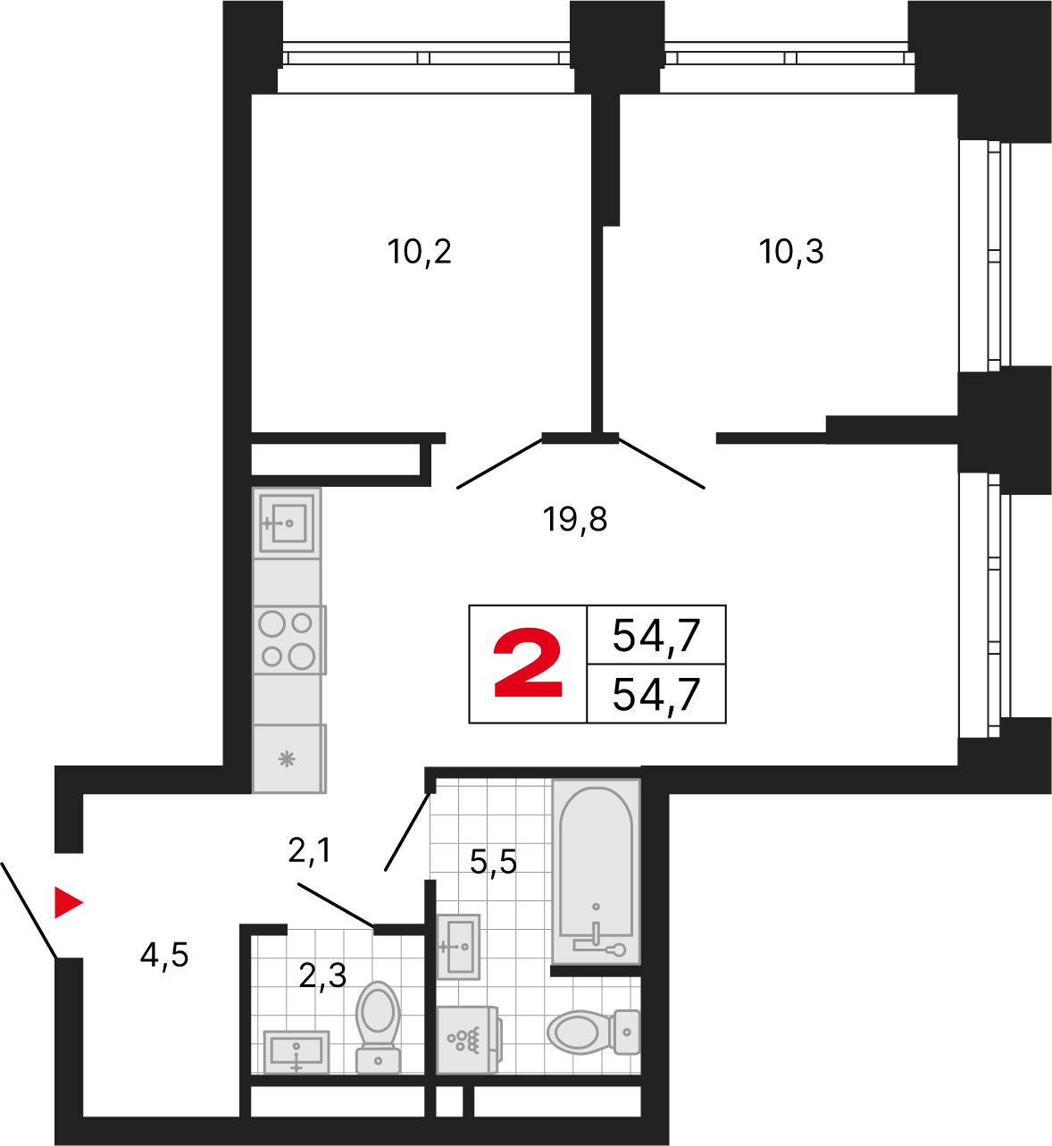 2 комн. квартира, 54.7 м², 25 этаж 