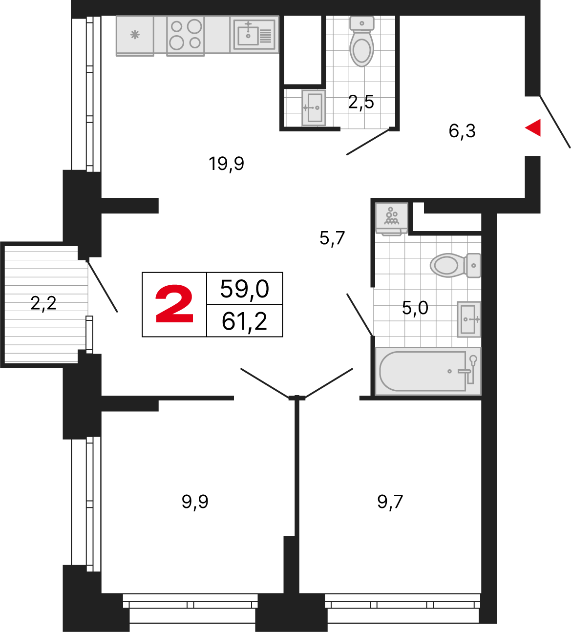 2 комн. квартира, 61.2 м², 4 этаж 