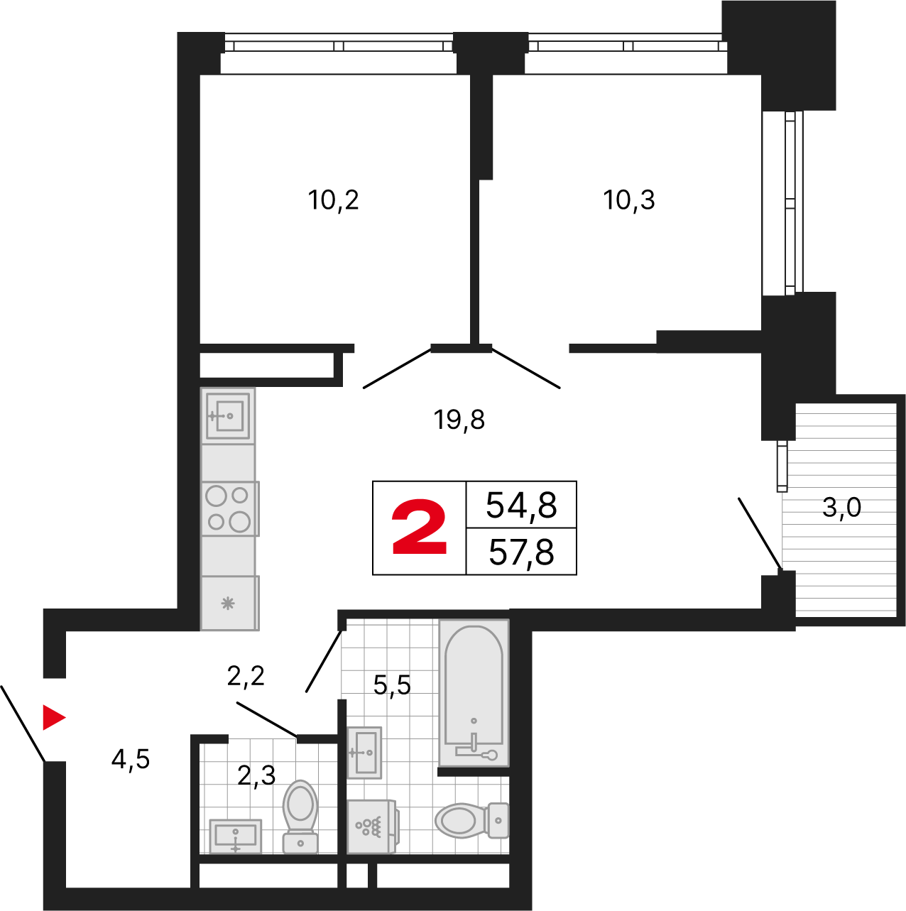 2 комн. квартира, 57.8 м², 20 этаж 