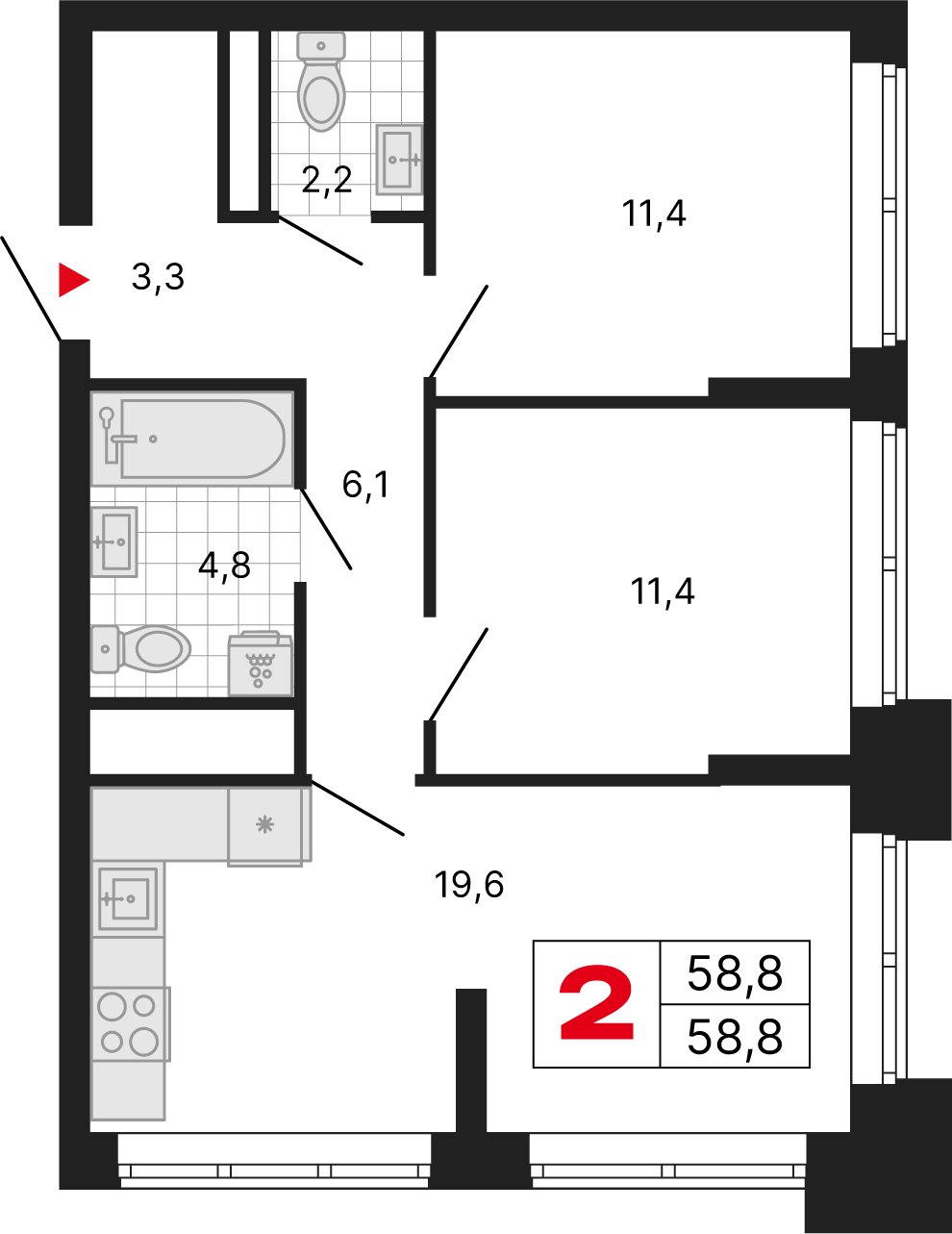 2 комн. квартира, 58.8 м², 19 этаж 