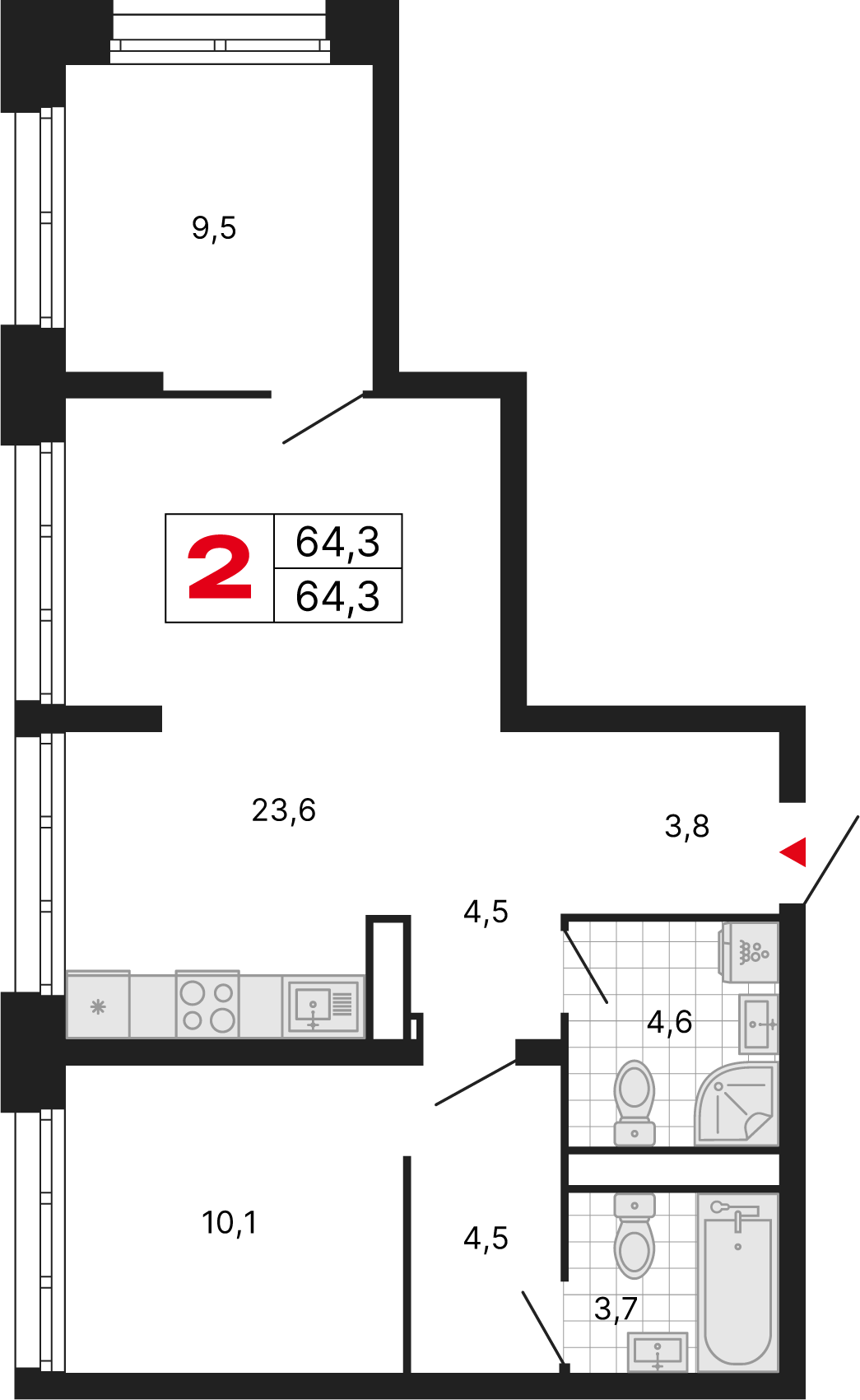 2 комн. квартира, 64.3 м², 3 этаж 