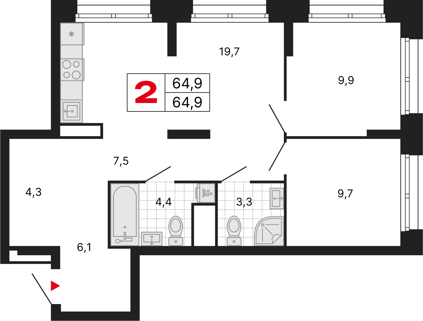 2 комн. квартира, 64.9 м², 12 этаж 