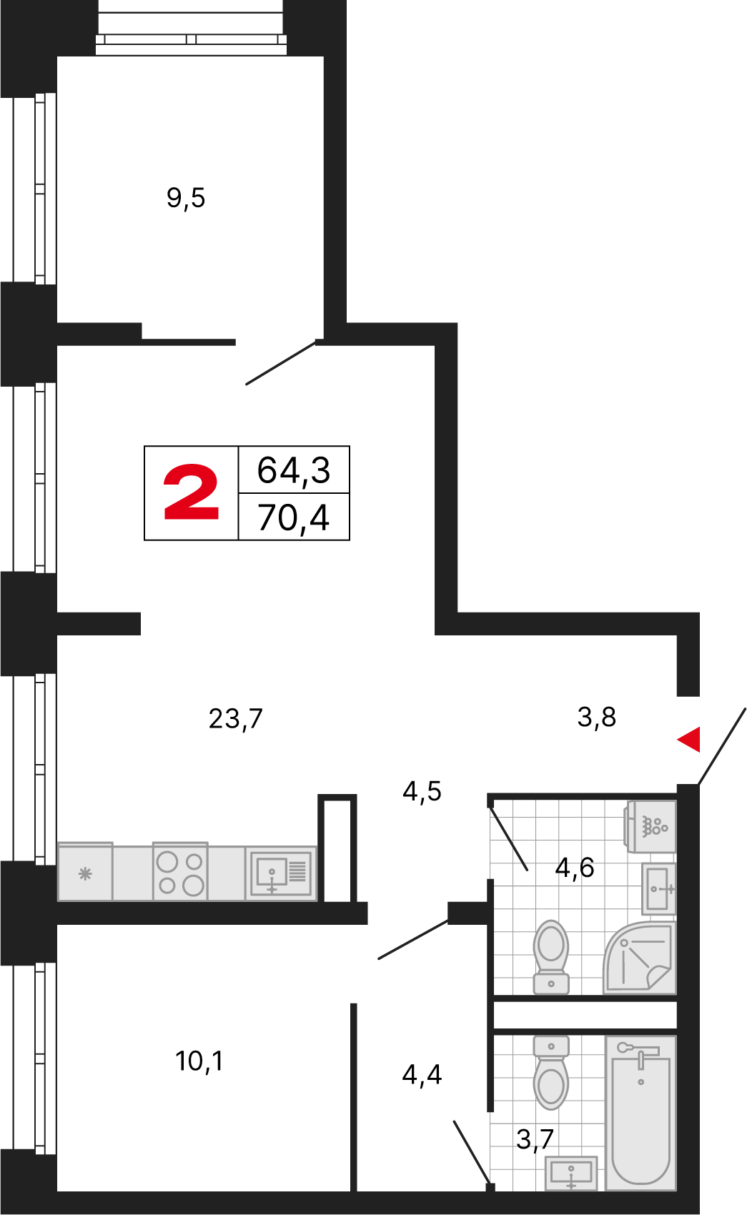 2 комн. квартира, 64.3 м², 14 этаж 