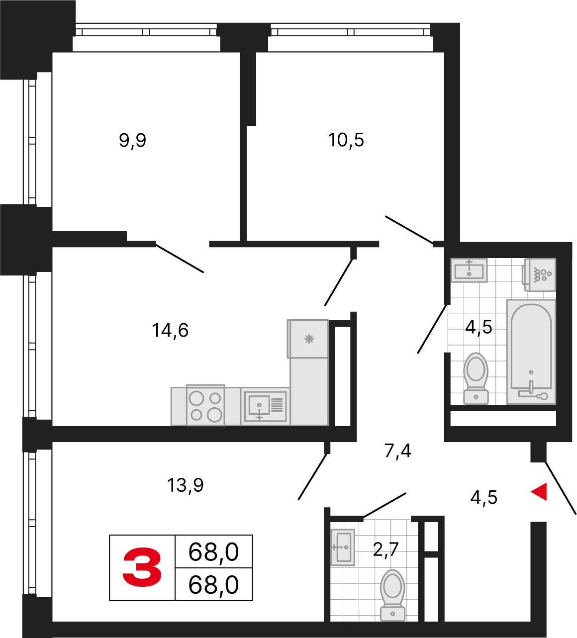 3 комн. квартира, 68 м², 15 этаж 