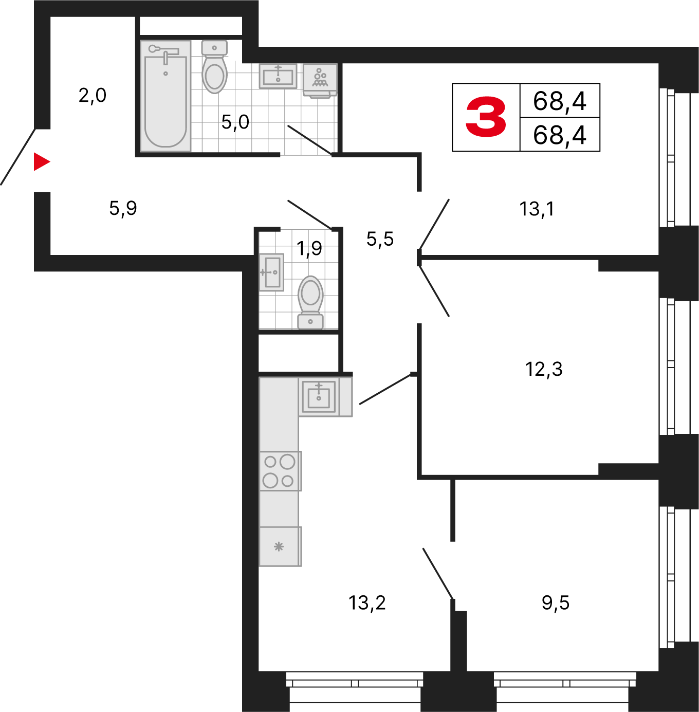 3 комн. квартира, 68.4 м², 13 этаж 