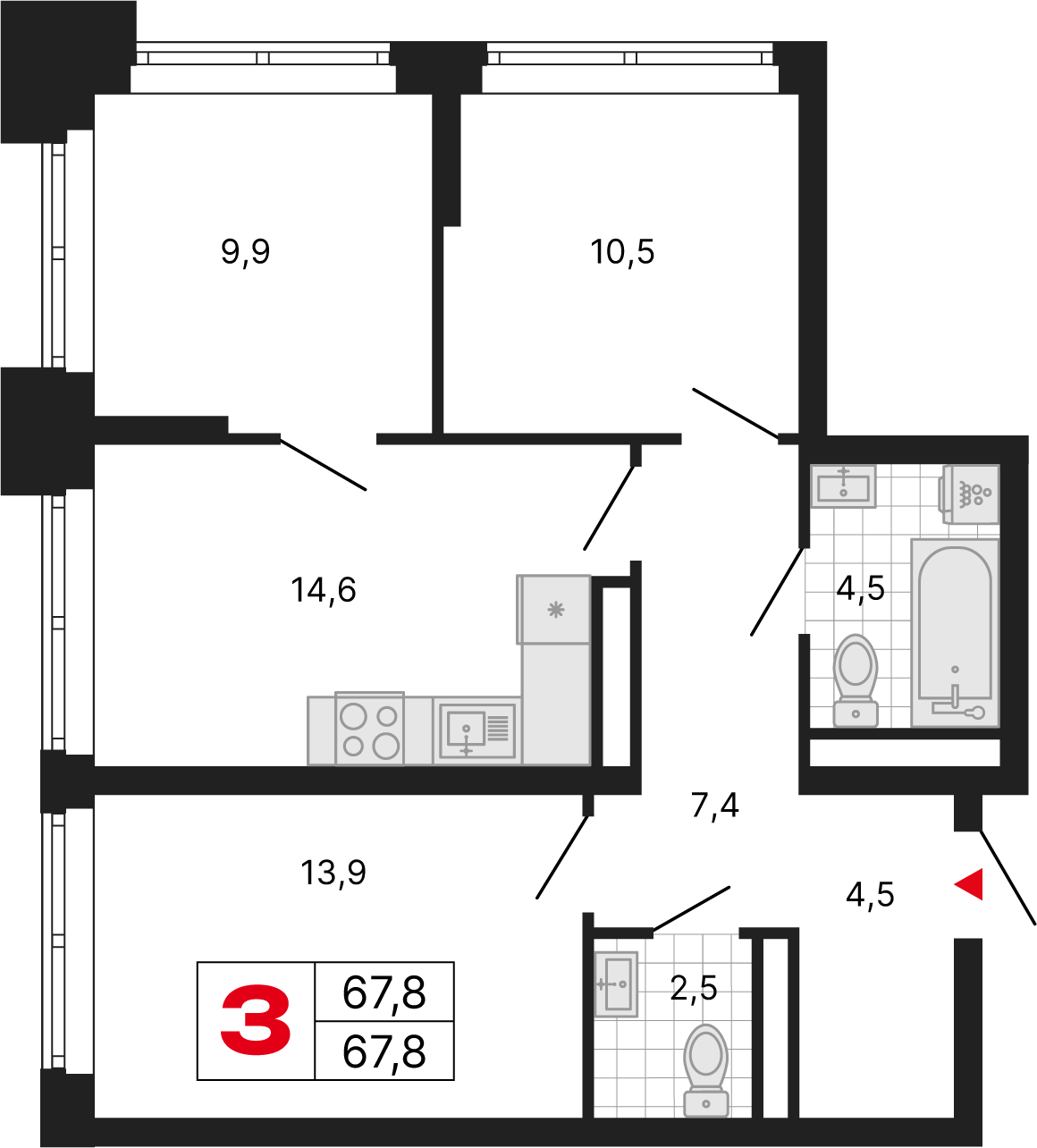 3 комн. квартира, 67.8 м², 21 этаж 