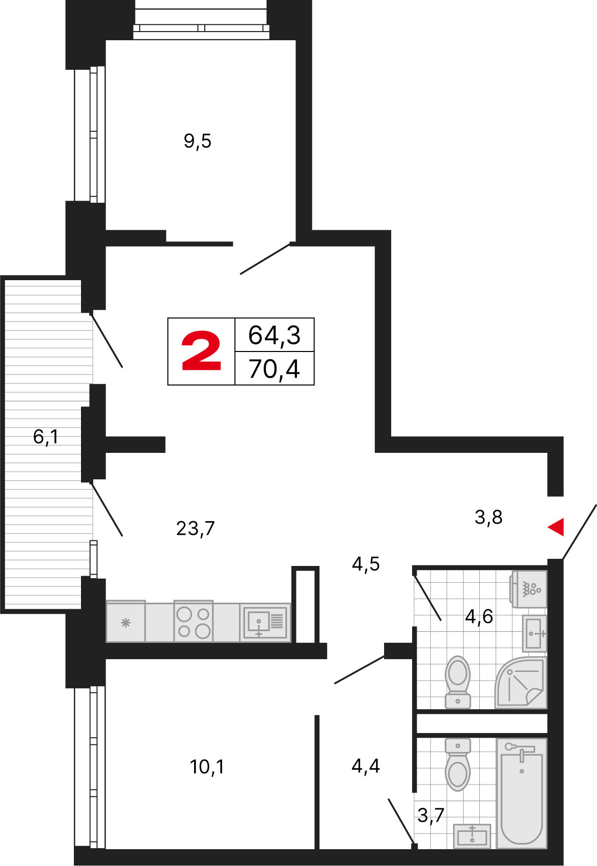 2 комн. квартира, 70.4 м², 7 этаж 