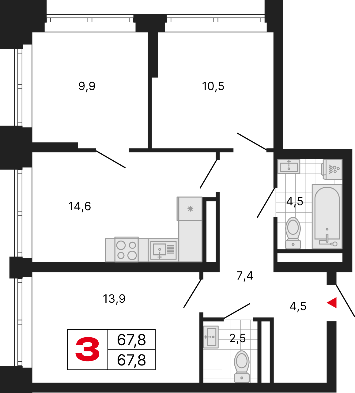 3 комн. квартира, 67.8 м², 23 этаж 