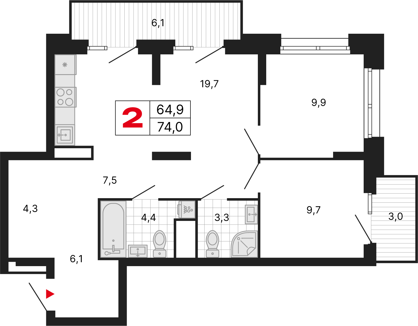 2 комн. квартира, 74 м², 5 этаж 