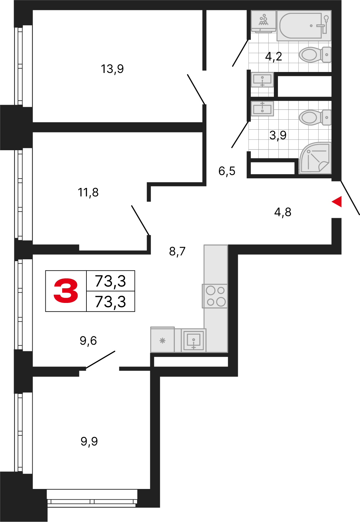 3 комн. квартира, 73.3 м², 16 этаж 