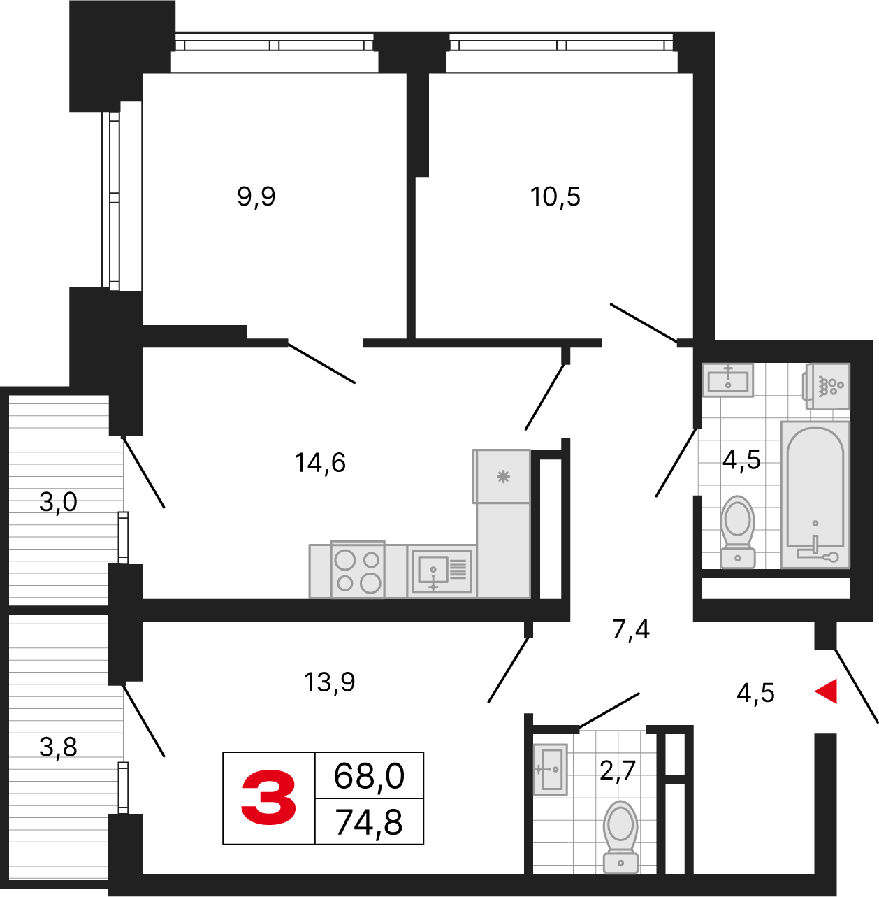 3 комн. квартира, 74.8 м², 12 этаж 
