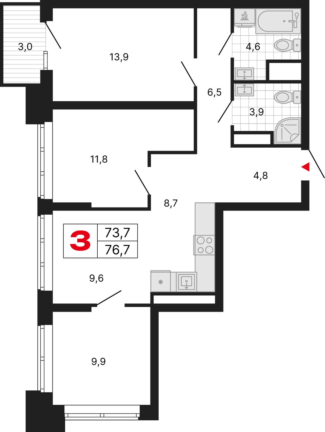 3 комн. квартира, 76.7 м², 13 этаж 
