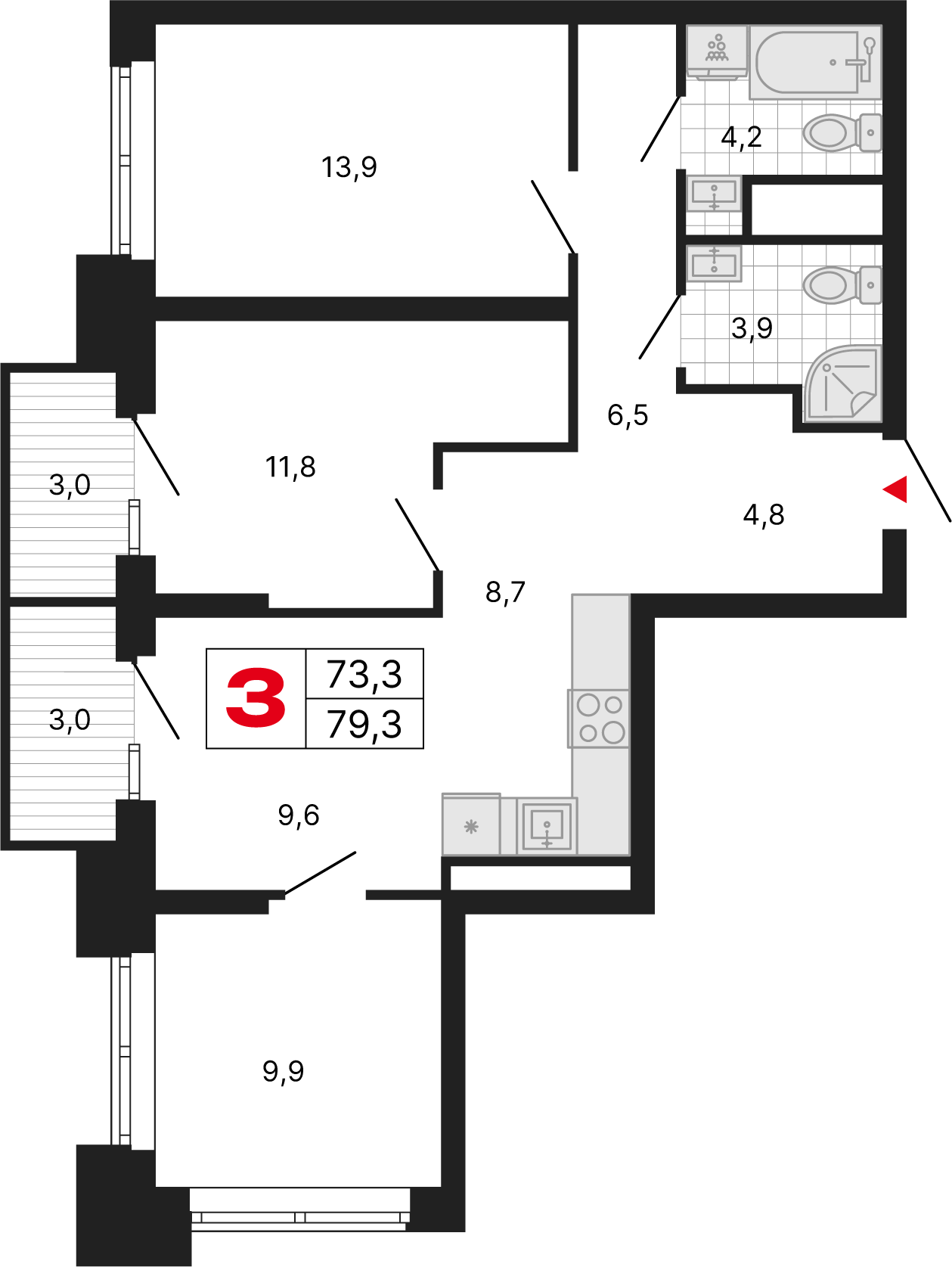 3 комн. квартира, 79.3 м², 22 этаж 