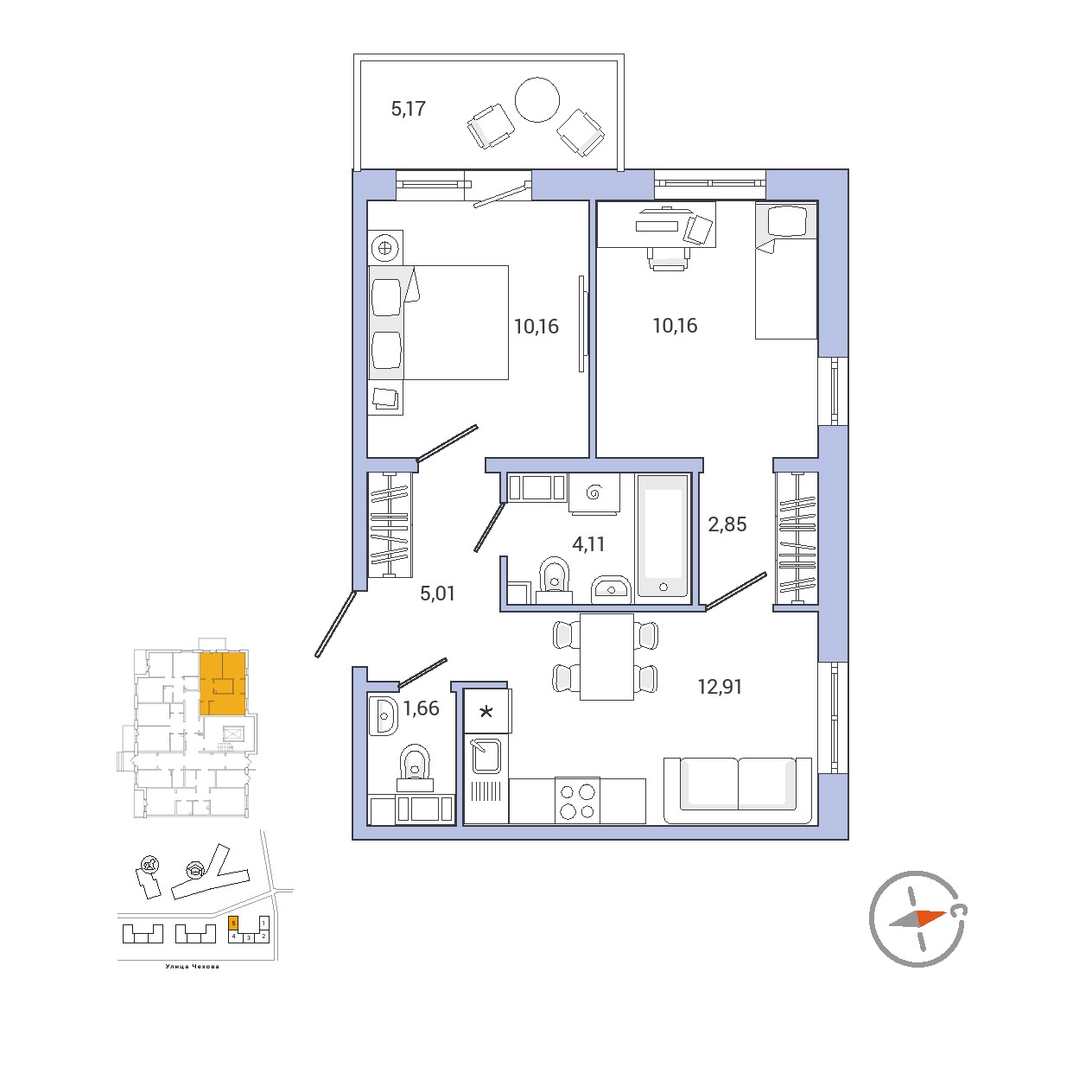 2 комн. квартира, 48.5 м², 1 этаж 