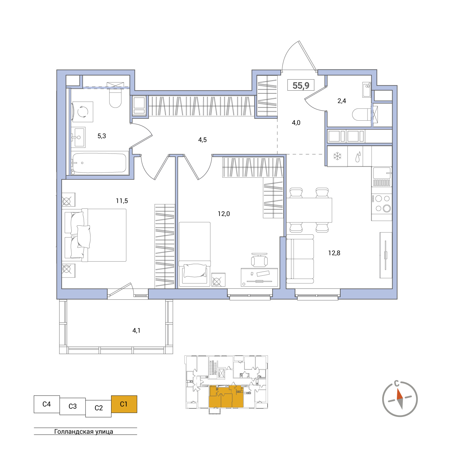 2 комн. квартира, 55.8 м², 5 этаж 