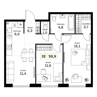 2 комн. квартира, 59.9 м², 14 этаж 