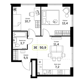 2 комн. квартира, 50.9 м², 2 этаж 