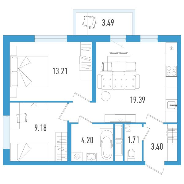 1 комн. квартира, 52.1 м², 6 этаж 