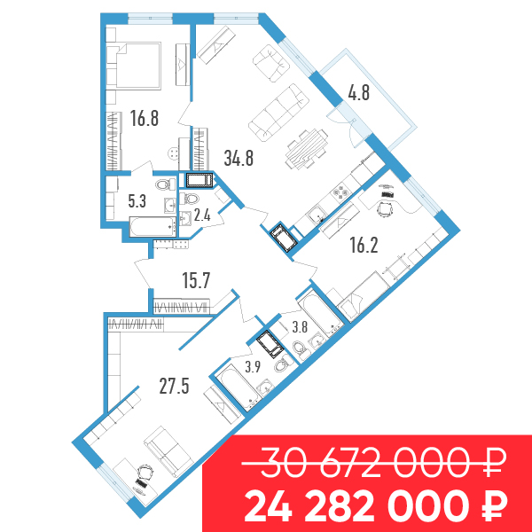 2 комн. квартира, 127.8 м², 17 этаж 