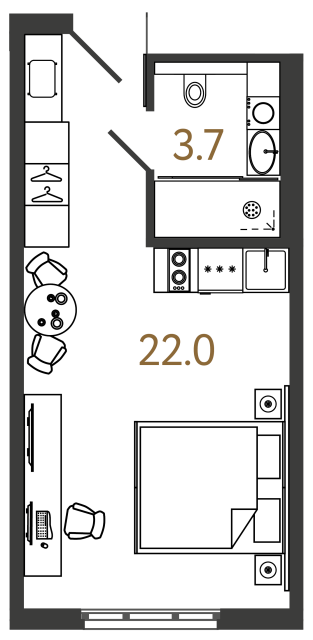 студия, 25.7 м², 15 этаж 
