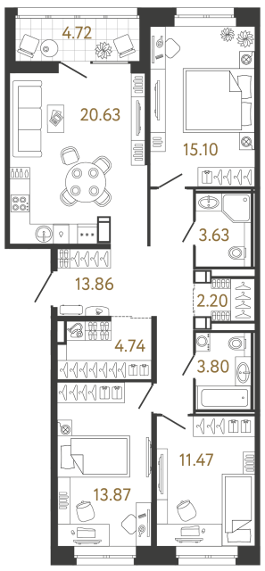 3 комн. квартира, 89.3 м², 3 этаж 