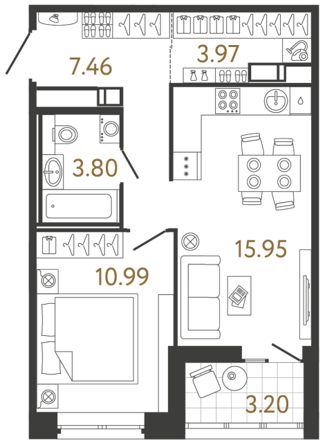 1 комн. квартира, 42.2 м², 5 этаж 