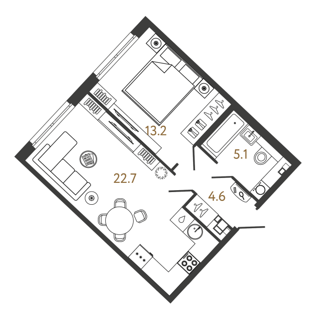 1 комн. квартира, 45.6 м², 3 этаж 