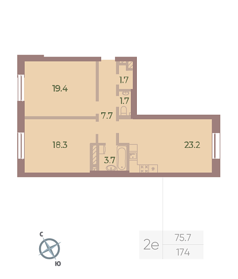 1 комн. квартира, 75.7 м², 7 этаж 