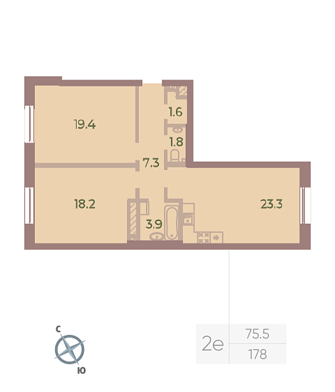 1 комн. квартира, 75.5 м², 8 этаж 