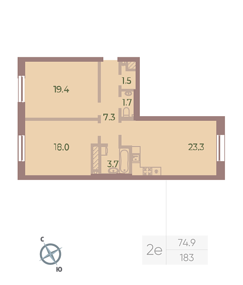 1 комн. квартира, 74.9 м², 9 этаж 