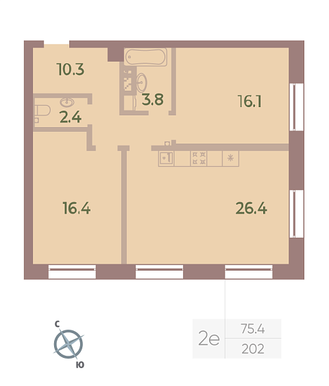 1 комн. квартира, 75.4 м², 3 этаж 