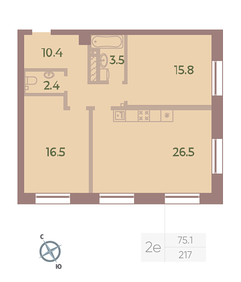 1 комн. квартира, 75.1 м², 5 этаж 
