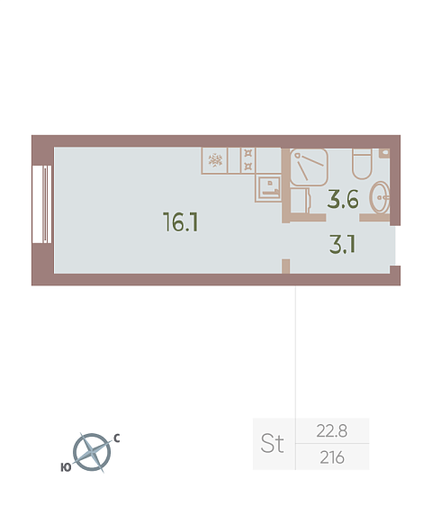студия, 22.8 м², 8 этаж 