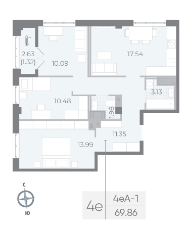 2 комн. квартира, 72.4 м², 8 этаж 