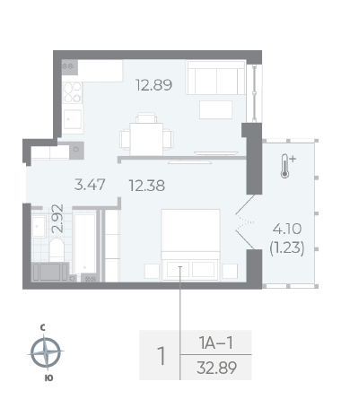 1 комн. квартира, 32.8 м², 8 этаж 
