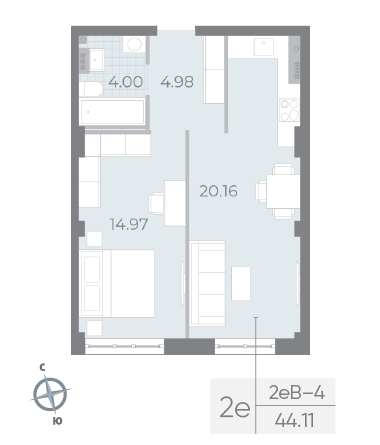 студия, 44.3 м², 4 этаж 
