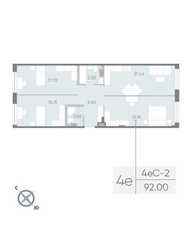 2 комн. квартира, 92.6 м², 4 этаж 
