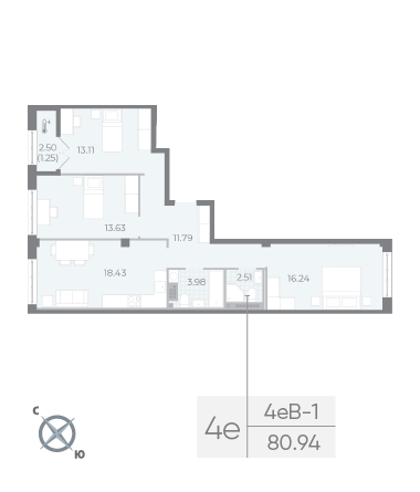 2 комн. квартира, 80.8 м², 7 этаж 