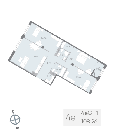 2 комн. квартира, 108 м², 7 этаж 