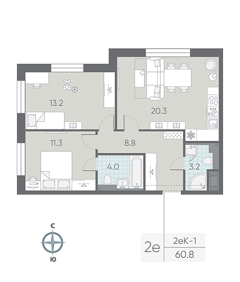 1 комн. квартира, 60.8 м², 7 этаж 