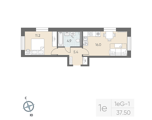 студия, 37.5 м², 3 этаж 