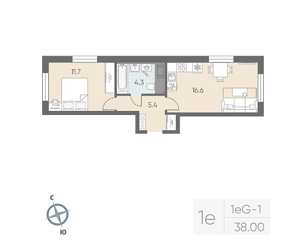 студия, 38 м², 6 этаж 