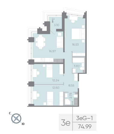 2 комн. квартира, 74.4 м², 16 этаж 