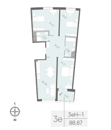 2 комн. квартира, 89 м², 7 этаж 