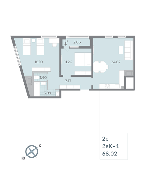 1 комн. квартира, 70.1 м², 14 этаж 