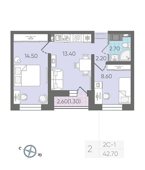 2 комн. квартира, 42.7 м², 16 этаж 