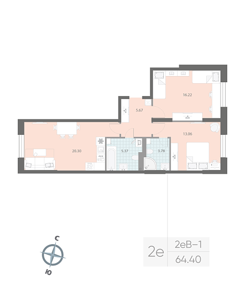 1 комн. квартира, 64.4 м², 2 этаж 