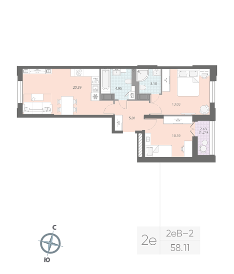 1 комн. квартира, 58.1 м², 9 этаж 