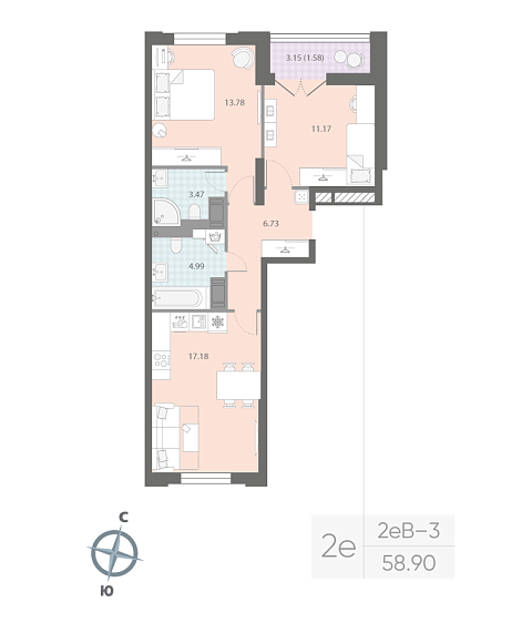 1 комн. квартира, 58.9 м², 13 этаж 
