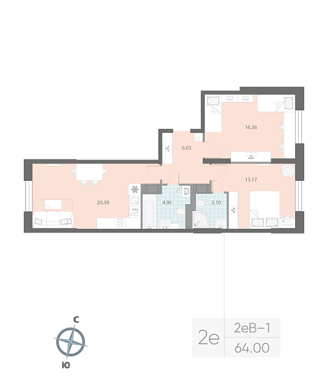 1 комн. квартира, 64 м², 4 этаж 